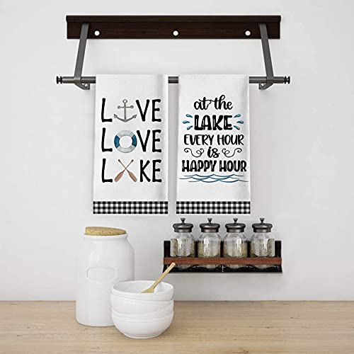 Seliem Live Love Lake House Kitchen Dish Towel Set of 2, Black White Buffalo Plaid Check Anchor Paddle Tea Bar Hand Drying Cloth, Spring Summer Farmhouse Happy Hour Decor Sign Home Decorations 18 x 28