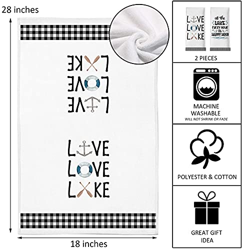 Seliem Live Love Lake House Kitchen Dish Towel Set of 2, Black White Buffalo Plaid Check Anchor Paddle Tea Bar Hand Drying Cloth, Spring Summer Farmhouse Happy Hour Decor Sign Home Decorations 18 x 28