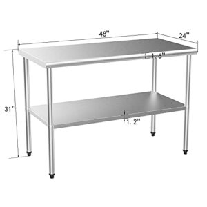 ROVSUN 48'' x 24'' Stainless Steel Table for Prep & Work,Commercial Worktables & Workstations,Heavy Duty Metal Table with Adjustable UnderShelf for Kitchen, Restaurant,Home,Hotel,Outdoor