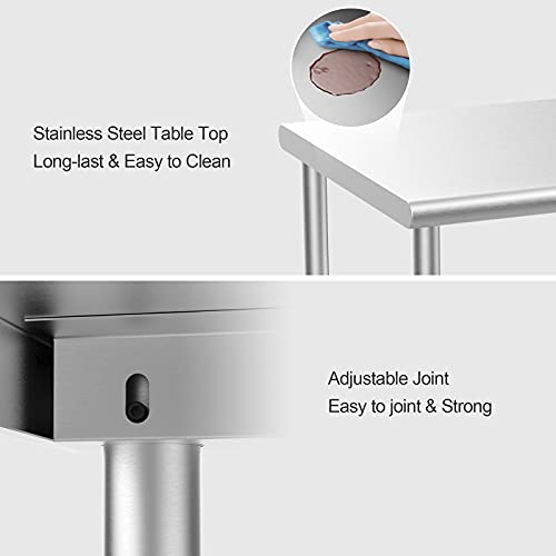 ROVSUN 48'' x 24'' Stainless Steel Table for Prep & Work,Commercial Worktables & Workstations,Heavy Duty Metal Table with Adjustable UnderShelf for Kitchen, Restaurant,Home,Hotel,Outdoor