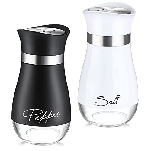 2 Pieces Salt and Pepper Shakers Set, Spice Dispenser with Stainless Steel Lid Pour Holes Glass Refillable Pepper Shaker Seasoning Cans for Home, Restaurant, Canteen (Black, White)