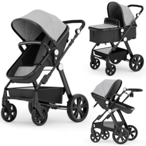 newborn infant baby bassinet stroller - sleeping & sitting mode 2 in 1 all terrain high landscape shock absorption sunshade comfortable baby toddler strollers for 0-36 months old babies gray