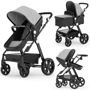 Newborn Infant Baby Bassinet Stroller - Sleeping & Sitting Mode 2 in 1 All Terrain High Landscape Shock Absorption Sunshade Comfortable Baby Toddler Strollers for 0-36 Months Old Babies Gray