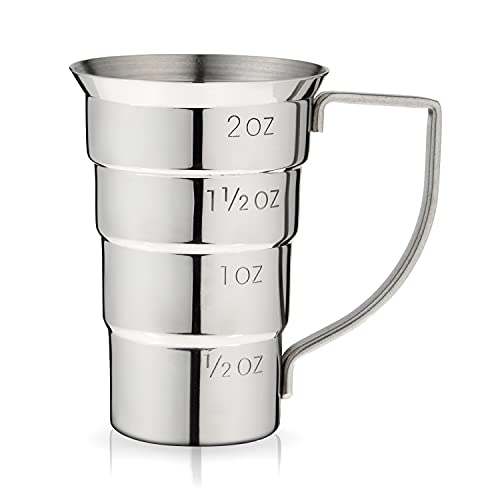 Viski Stepped Jigger with Handle, 4 Markings, Measuring Cup for Cocktail Recipes, 0.5 oz, 1 oz, 1.5 oz, & 2 oz, Stainless Steel, Set of 1, Silver