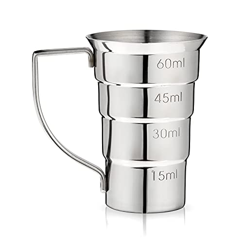 Viski Stepped Jigger with Handle, 4 Markings, Measuring Cup for Cocktail Recipes, 0.5 oz, 1 oz, 1.5 oz, & 2 oz, Stainless Steel, Set of 1, Silver