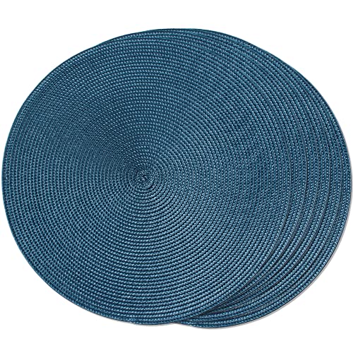 FunWheat Round Braided Placemats Set of 6 Table Mats for Dining Tables Woven Washable Non-Slip Place mats 15 inch (Blue, 6pcs)