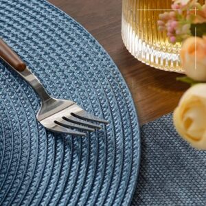 FunWheat Round Braided Placemats Set of 6 Table Mats for Dining Tables Woven Washable Non-Slip Place mats 15 inch (Blue, 6pcs)