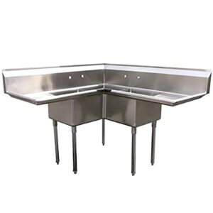 commercial kitchen corner sink 3 compartment stainless steel nsf with right and left drainboards，splashboard