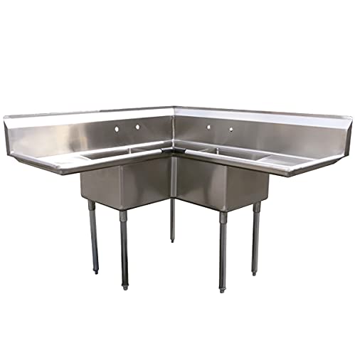 Commercial Kitchen Corner Sink 3 Compartment Stainless Steel NSF with Right and Left Drainboards，Splashboard