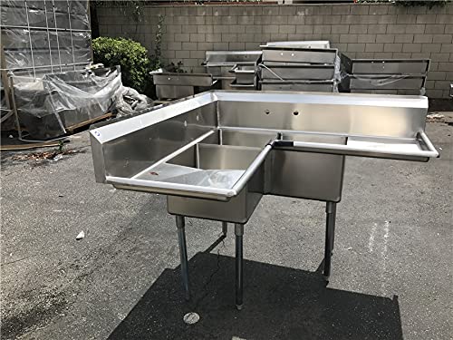 Commercial Kitchen Corner Sink 3 Compartment Stainless Steel NSF with Right and Left Drainboards，Splashboard