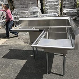 Commercial Kitchen Corner Sink 3 Compartment Stainless Steel NSF with Right and Left Drainboards，Splashboard