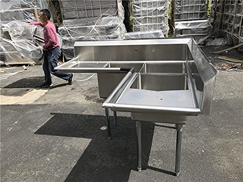 Commercial Kitchen Corner Sink 3 Compartment Stainless Steel NSF with Right and Left Drainboards，Splashboard