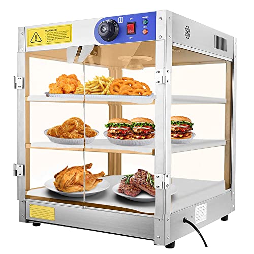 3-Tier Food Pastry Pizza Warmer Countertop Commercial Display Case See Through 750W Adjustable Removable Shelves Glass Door 20x20x24