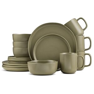 stone lain tom stoneware reactive glaze dinnerware set, 16-piece service for 4, olive