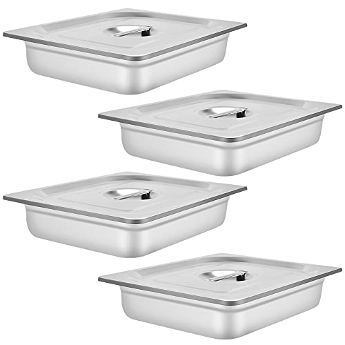 DatingDay 4 Packs Stainless steam Hotel pan，1/2 Size x 2.5" Deep，22 Gauge/0.7mm Thick Stainless Steel Hotel Pan Anti Jam Steam Table Pan with Lid (1/2 Size x 2.5" Deep)