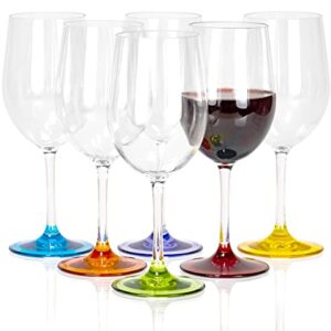 Red Co. Set of 6 Classic Clear Plastic 12 Ounce Outdoors Wine Glasses with Colored Bases