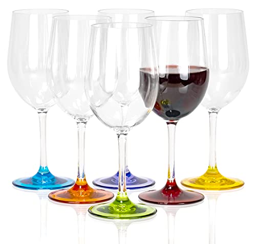 Red Co. Set of 6 Classic Clear Plastic 12 Ounce Outdoors Wine Glasses with Colored Bases