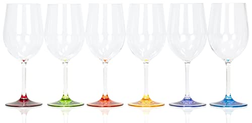 Red Co. Set of 6 Classic Clear Plastic 12 Ounce Outdoors Wine Glasses with Colored Bases