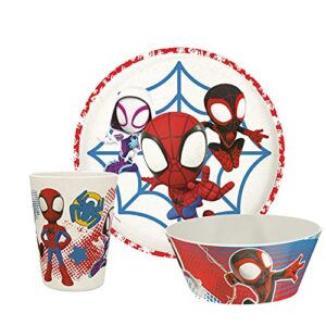 zak designs marvel spider-man dinnerware set for kids includes 8" plate, 6" bowl, and 10oz tumbler, durable and sustainable melamine bamboo material (3-piece set, spidey and his amazing friends)