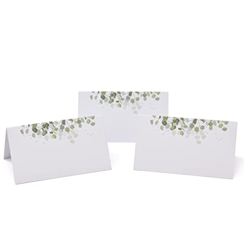 100 Pack Eucalyptus Greenery Place Cards Green Leaves Seating Name Card Wedding Table Setting Folded Tent Cards for Baby Shower Dinner Weddings Reception Tables Placement Party Decorations 2" x 3.5"