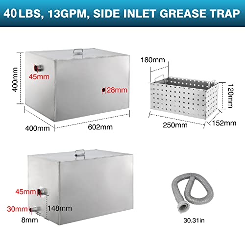 IRONWALLS 40 lb Grease Traps for Restaurants Under Sink, Stainless Steel Commercial Grease Interceptor Trap Side Inlet with Dual Water Outlet, Waste Water Oil-Water Separator for Home Kitchen, Cafe