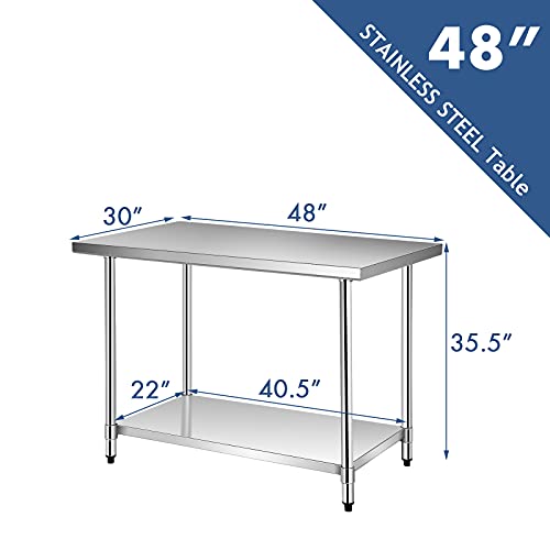 PETSITE Stainless Steel Work Table 48×30 Inch, Commercial Kitchen Prep Station Heavy Duty with Adjustable Under Shelf for Restaurant, Home, Garage and Hotel