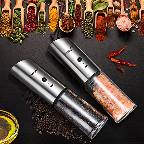 Gravity Electric Salt and Pepper Grinder Set of 2,USB Rechargeable Kitchen Electric Pepper Mill with Adjustable Grinder and LED Light,Tall Glass Salt and Pepper Grinders Refillable