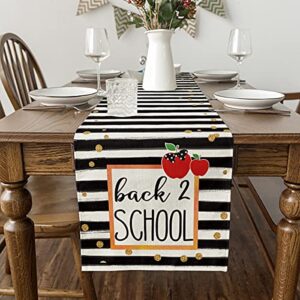 Artoid Mode Black Stripes Apple Back to School Table Runner, First Day of School Student Kids Classroom Dining Table Decoration for Party Decor 13x72 Inch