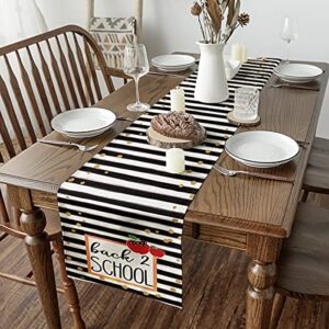 Artoid Mode Black Stripes Apple Back to School Table Runner, First Day of School Student Kids Classroom Dining Table Decoration for Party Decor 13x72 Inch