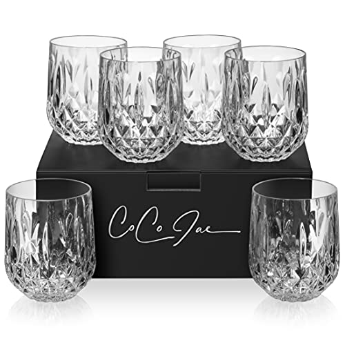 CoCoJae Plastic Stemless Wine Glasses, 12 Oz Whiskey Tumblers, Reusable Lowball Cocktail Glasses, BPA-Free, Dishwasher Safe Rocks Glass, Plastic Wine Glass & Outdoor Drinkware for Pool - Set of 6