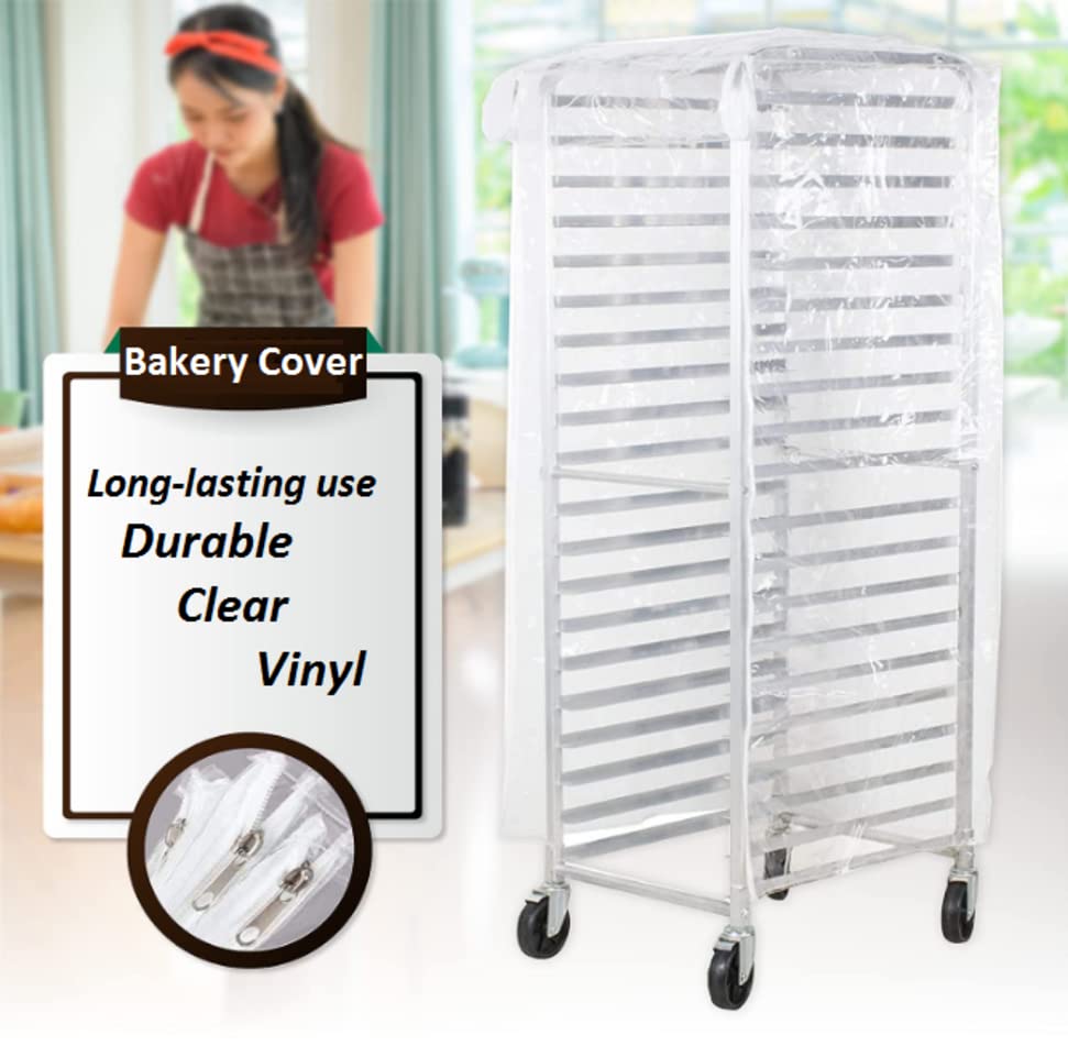 Made in USA. High quality Long-lasting use Vinyl COVER, Bakery Food Pan Sheet Rack Transparent COVER, size: 23"W x 28"L x 63"H, Long-lasting use Durable Clear Vinyl, with 3 Zippers.