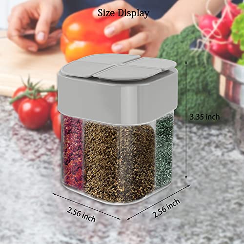 4 Pack 4 in 1 Plastic Salt and Pepper Shaker, 4 Grids Flip Empty Spice Dispensers Travel Spice Container Compartment Seasoning Shakers with Lid Travel Spice Jars with Labels for Cooking BBQ