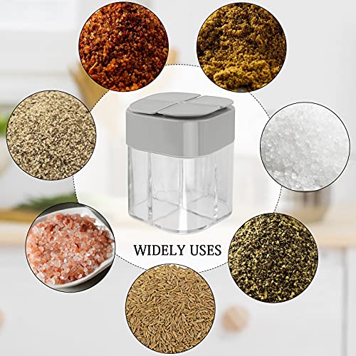 4 Pack 4 in 1 Plastic Salt and Pepper Shaker, 4 Grids Flip Empty Spice Dispensers Travel Spice Container Compartment Seasoning Shakers with Lid Travel Spice Jars with Labels for Cooking BBQ