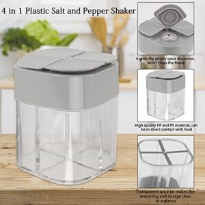 4 Pack 4 in 1 Plastic Salt and Pepper Shaker, 4 Grids Flip Empty Spice Dispensers Travel Spice Container Compartment Seasoning Shakers with Lid Travel Spice Jars with Labels for Cooking BBQ