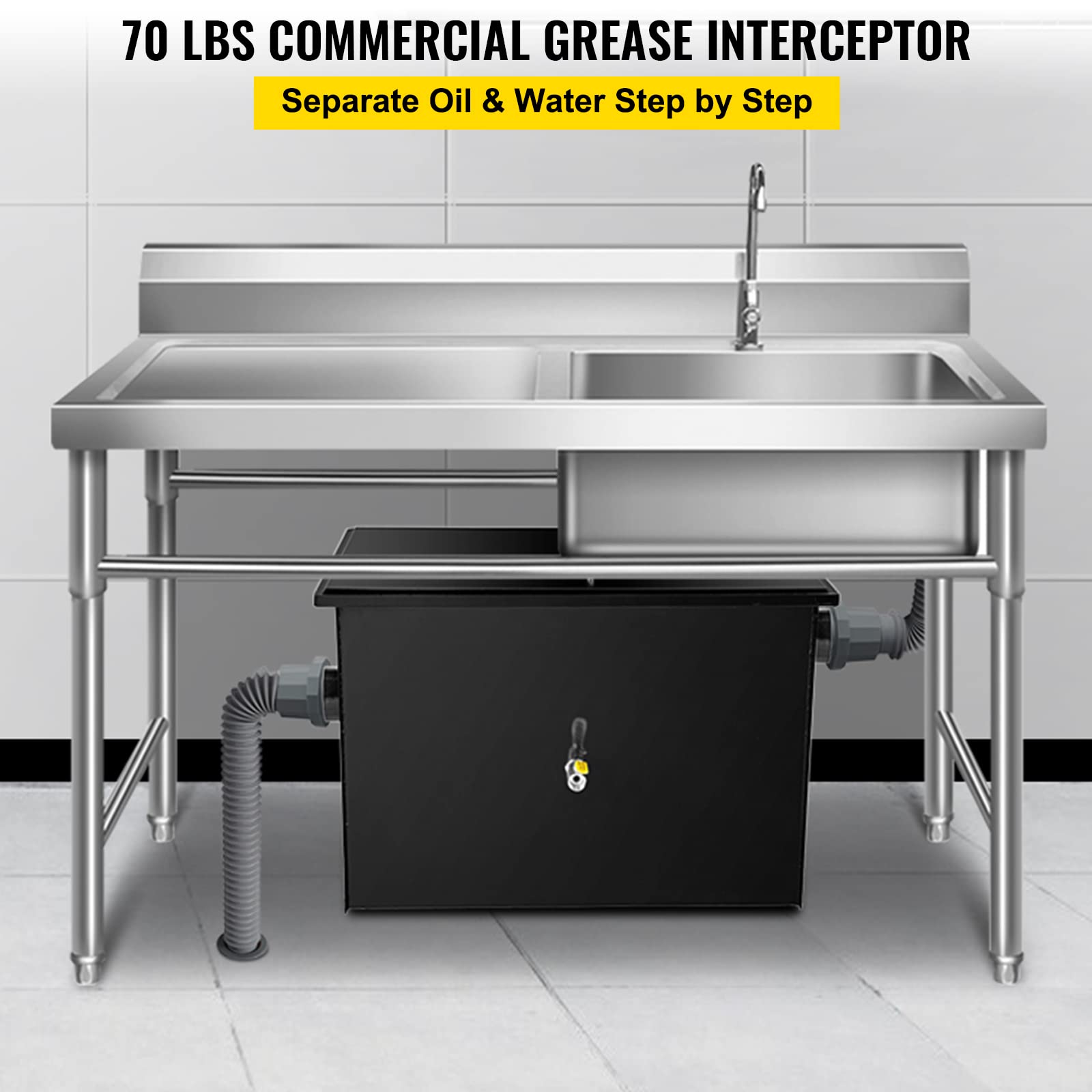 VEVOR 70 LB Commercial, Carbon Steel 35 GPM, Interceptor Side Water Inlet, Under Sink Grease Trap for Restaurant Canteen Factory Home Kitchen, Black