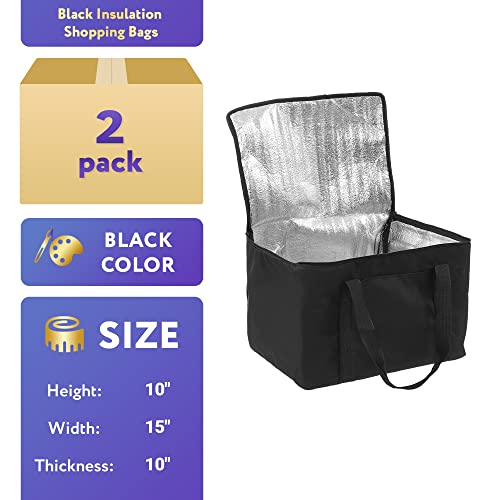 APQ Black Insulation Shopping Bags 15" x 10" x 10" Insulated Grocery Bag Pack of 2 Insulated Food Delivery Bag 15x10x10 Heavy Duty Insulated Bag for Grocery Shopping, Insulated Bags for Food Delivery