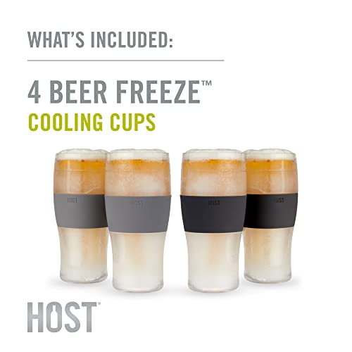 Host Freeze Beer Glasses, 16 ounce Freezer Gel Chiller Double Wall Plastic Frozen Pint Glass, Set of 4, Black and Grey
