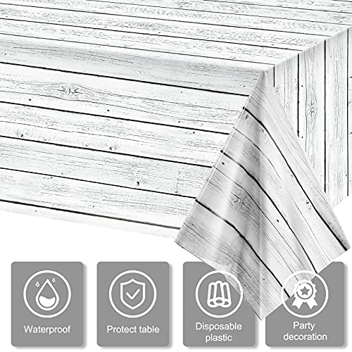 3 Pieces Wood Tablecloth Plastic White Wood Grain Tablecloth Rustic Wood Table Cover Rectangle Wood Grain Table Cover for Western Birthday Party Picnic Table Decoration,54 X 108 Inches