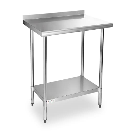 STABLEINK NSF Stainless Steel Table, 24 x 30 Inches Metal Prep & Work Table with Backsplash, Adjustable Undershelf and Table Foot, for Commercial Kitchen, Restaurant (Without Caster Wheels)