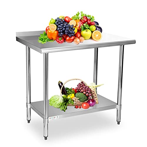 STABLEINK NSF Stainless Steel Table, 24 x 30 Inches Metal Prep & Work Table with Backsplash, Adjustable Undershelf and Table Foot, for Commercial Kitchen, Restaurant (Without Caster Wheels)