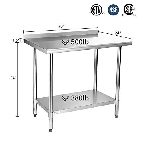 STABLEINK NSF Stainless Steel Table, 24 x 30 Inches Metal Prep & Work Table with Backsplash, Adjustable Undershelf and Table Foot, for Commercial Kitchen, Restaurant (Without Caster Wheels)