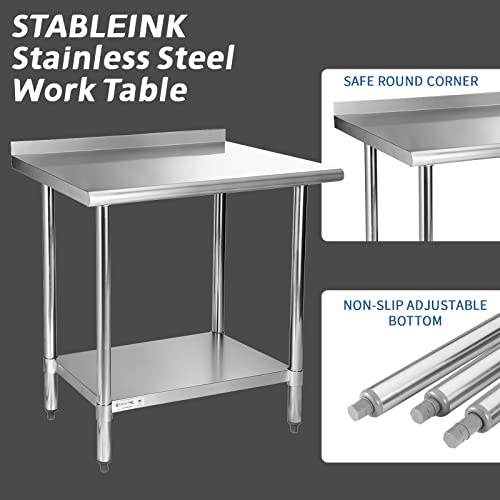 STABLEINK NSF Stainless Steel Table, 24 x 30 Inches Metal Prep & Work Table with Backsplash, Adjustable Undershelf and Table Foot, for Commercial Kitchen, Restaurant (Without Caster Wheels)