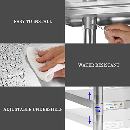 STABLEINK NSF Stainless Steel Table, 24 x 30 Inches Metal Prep & Work Table with Backsplash, Adjustable Undershelf and Table Foot, for Commercial Kitchen, Restaurant (Without Caster Wheels)