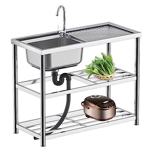 Large Single Bowl Sink Commercial Kitchen Washing Sink Free Standing Restaurant Sink Station Industrial Garage Sink w/Workbench & Storage Shelves (100cm/39.3in,Package A)