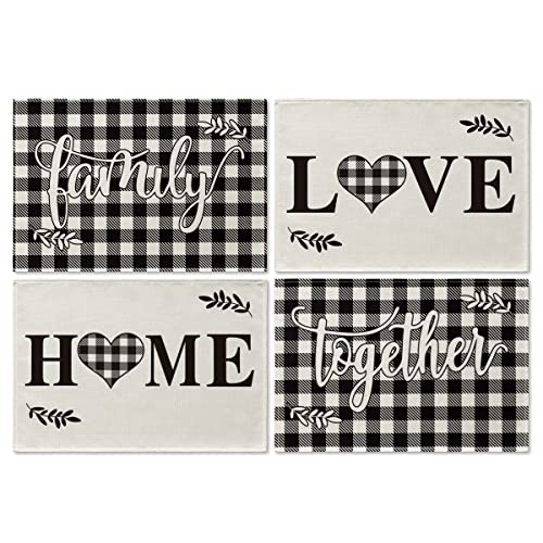 Artoid Mode Love Family Together Home Buffalo Plaid Placemats for Dining Table, 12 x 18 Inch Holiday Vintage Thanksgiving Washable Table Mat Set of 4