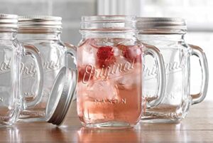mason jar 16 oz. glass mugs with handle and lid set of 4 - home essentials & beyond - old fashioned drinking glass bottles original mason jar pint sized cup set.