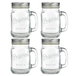 Mason Jar 16 Oz. Glass Mugs with Handle and Lid Set Of 4 - Home Essentials & Beyond - Old Fashioned Drinking Glass Bottles Original Mason Jar Pint Sized Cup Set.