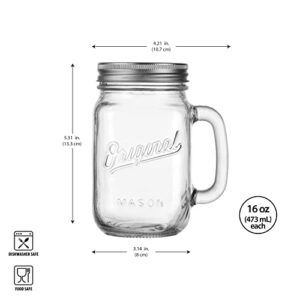 Mason Jar 16 Oz. Glass Mugs with Handle and Lid Set Of 4 - Home Essentials & Beyond - Old Fashioned Drinking Glass Bottles Original Mason Jar Pint Sized Cup Set.