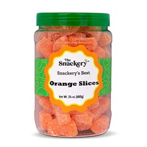 the snackery, orange slices candy in round plastic jar, 1.5 lbs orange slice candy wedges, reusable jar with green lid
