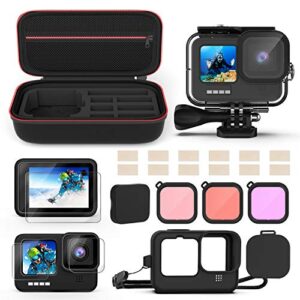 underwater waterproof housing case bundle, waterproof case+tempered glass screen protector+ silicone case+ carrying case+ anti-fog inserts+ snorkel filters